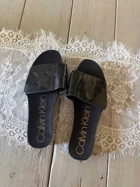 Calvin Klein Black Patent Slide Sandals